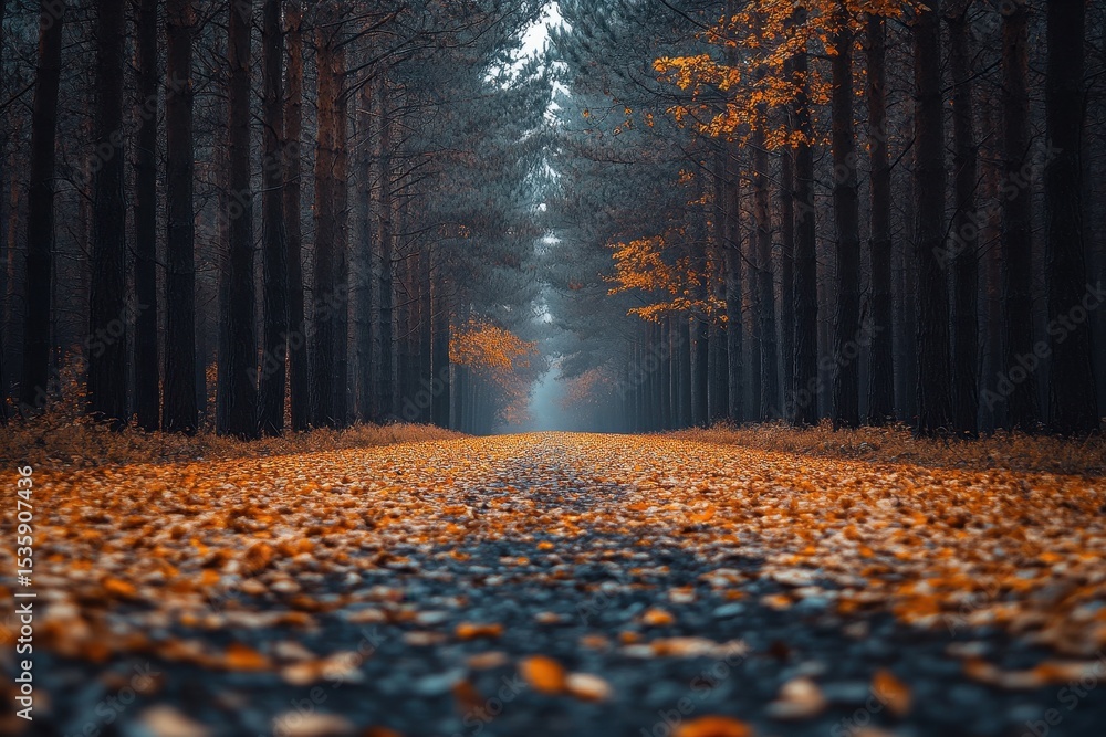 Poster Autumn leaves cover the ground in a dense forest with tall trees during daytime in Fall, and a hazy mist is seen in the background