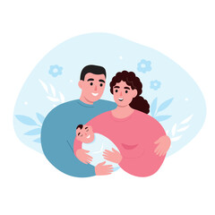 Happy family with a newborn. Mom and dad are holding a baby in their hands. Vector flat graphics.
