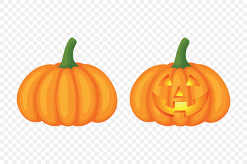 Vector Cartoon Pumpkins Collection with Carved Faces. Flat Colorful Pumpkin Stickers Set. Design Templates for Halloween, Fall, Harvest. Cute and Fun Simple Pumpkin Illustrations