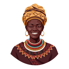 African Burundian woman smiling in traditional attire and jewelry, vector  