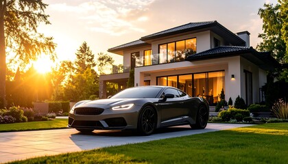 Luxurious home and car at sunset
