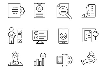 Assessment line icon set. Audit, analysis, plan, evaluation, result, goal, inspection, supervision, examination icons. Editable vector illustration