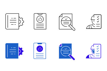 Assessment line and solid icon set. Audit, analysis, plan, evaluation, result, goal, inspection, supervision, examination icons. UI icon set in a flat design. Editable vector illustration