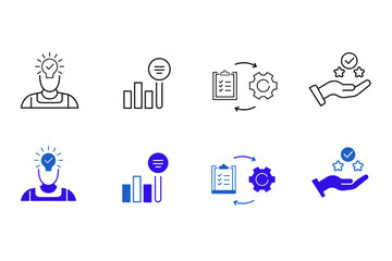 Assessment line and solid icon set. Audit, analysis, plan, evaluation, result, goal, inspection, supervision, examination icons. UI icon set in a flat design. Editable vector illustration