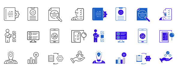 Assessment line and solid icon set. Audit, analysis, plan, evaluation, result, goal, inspection, supervision, examination icons. UI icon set in a flat design. Editable vector illustration