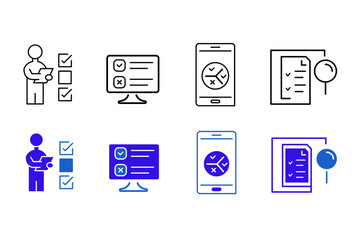 Assessment line and solid icon set. Audit, analysis, plan, evaluation, result, goal, inspection, supervision, examination icons. UI icon set in a flat design. Editable vector illustration