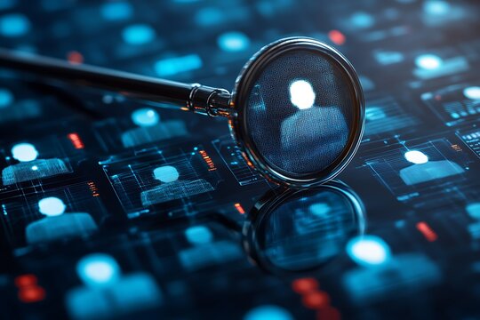 AI-driven talent acquisition. A magnifying glass highlights a key candidate profile from a digital network, representing modern recruitment, efficient human resources, and precise job matching