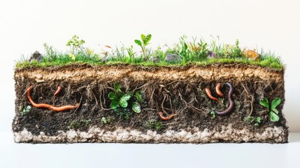 Fototapeta na wymiar Fertile soil cross-section: plant roots, earthworms, microorganisms, underground life, ecosystem illustration, garden growth, healthy soil, nature's balance, soil health, educational graphic.