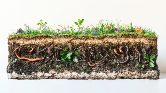 Fertile soil cross-section: plant roots, earthworms, microorganisms, underground life, ecosystem illustration, garden growth, healthy soil, nature's balance, soil health, educational graphic.