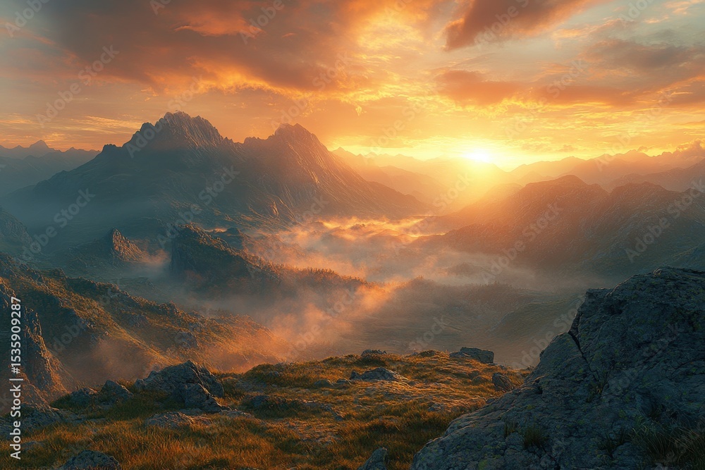 Poster view from a rocky path of mountain peaks at golden hour with low clouds and alpine wildflowers at th