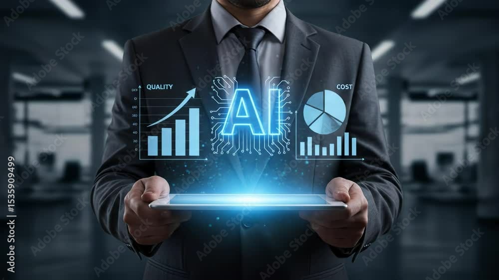 Aufkleber business professional demonstrating artificial intelligence applications with data analytics in a mo