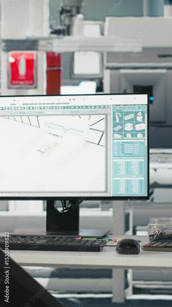 Poster vertical video empty engineering workspace in a high tech solar panels factory, featuring robotic ar