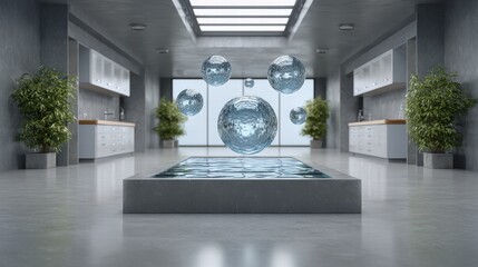 Experiment physics controlled concept. Modern kitchen interior featuring floating spheres and greenery, emphasizing sleek design and innovation.