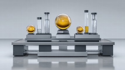 Experiment physics controlled concept. Modern laboratory setup featuring glassware and a globe centerpiece on a sleek surface.