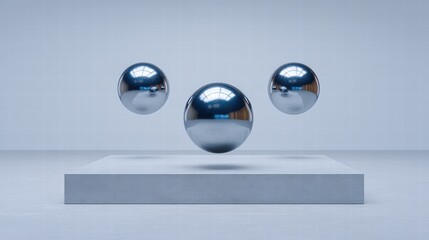 Experiment physics controlled concept. Three reflective spheres levitate above a minimalist platform in a modern setting.