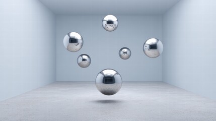 Experiment physics controlled concept. Floating metallic spheres in a minimalist, bright room create a futuristic ambiance.