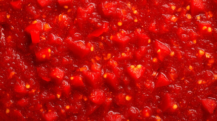 Spicy red hot sauce texture with fresh chopped chili peppers.