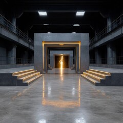 Experiment physics controlled concept. Dark industrial space with geometric structures and illuminated pathways creating a dramatic atmosphere.