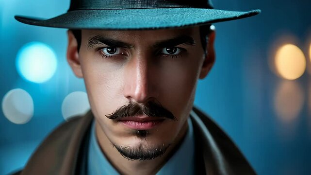 Mystery Man: A captivating image of a man in a fedora with a classic detective look, exuding an air of intrigue and suspense, illuminated by the city lights, creating an atmosphere of mystery. 