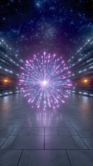 Experiment physics controlled concept. A vibrant explosion of light and color against a starry backdrop in a futuristic setting.