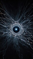 Experiment physics controlled concept. Abstract web-like structure with a central glowing element in a dark background.