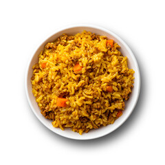 Wet starchy rice-meat mix in bowl, transparent PNG, top view.