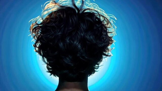 Mysterious Silhouette: Back of head framed against a radiant blue backdrop, capturing the essence of mystery and intrigue.