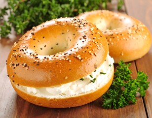 Freshly baked bagels with cream cheese