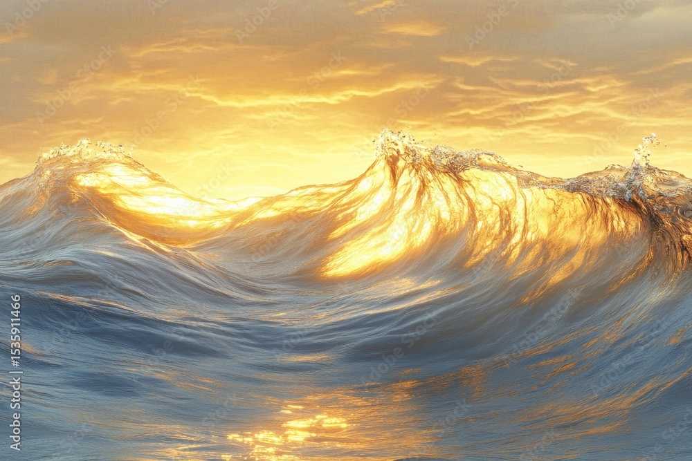 Poster Golden light catches ocean waves crashing on the beach at dusk, creating a mesmerizing display of power and tranquility against a stormy sky