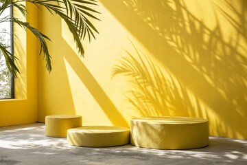 Obraz premium Panoramic abstract yellow background for product presentation with sunlight and blurred shadows wall. 