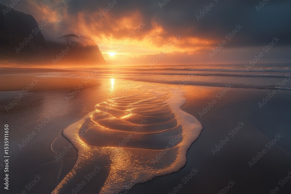 Aufkleber Golden light catches ocean waves crashing on the beach at dusk, creating a mesmerizing display of power and tranquility against a stormy sky