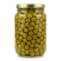Glass jar with canned peas isolated on white