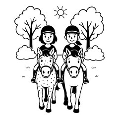 Children riding horses through a sunny forest in a black and white cartoon illustration