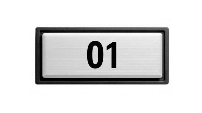 Room number one label featuring a sleek black frame and brushed metal plate, isolated against a transparent background, serves as an effective wayfinding sign for hotels and offices