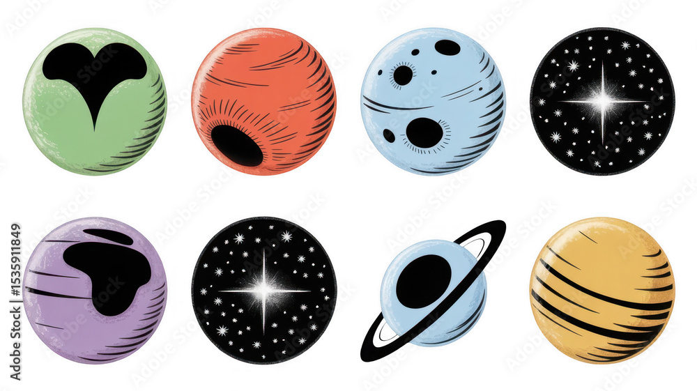 Poster eight colorful planets and twinkling stars float on a transparent background, creating a whimsical a