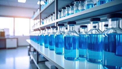 Laboratory shelves with blue liquids