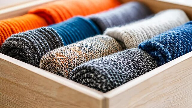 Cozy Comfort: A collection of colorful socks are neatly organized inside a wooden drawer. This eye-level close-up showcases the textures and arrangement of the soft, folded items.