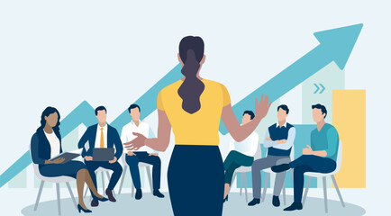 Naklejka na ściany i meble Presentation, vision, strategy . The female leader. Discussing business plan. Vector flat illustration 