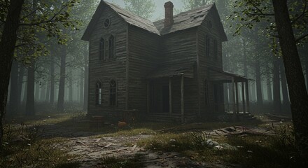 Spooky abandoned house in dark foggy forest scene illustration 3d old art gray scary trees eerie