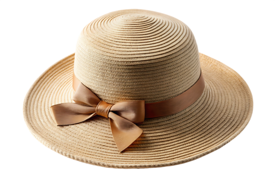 Beige Straw Sun Hat with Bronze Satin Ribbon Bow Flat Lay Studio Shot A I G E N E R A T E D - P N G isolated on a transparent background