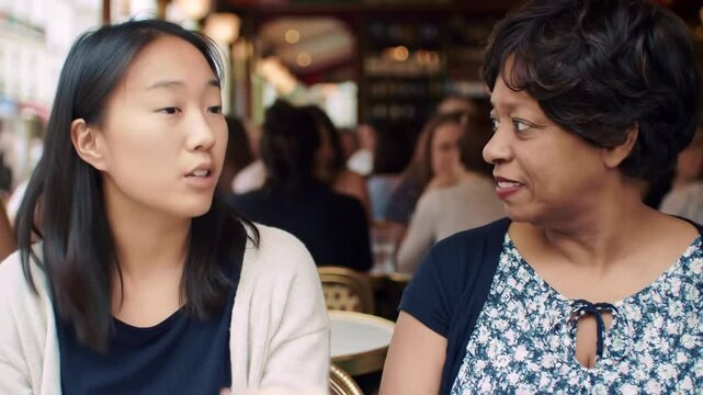 Intergenerational Dialogue: Mother and Daughter in Parisian Cafe