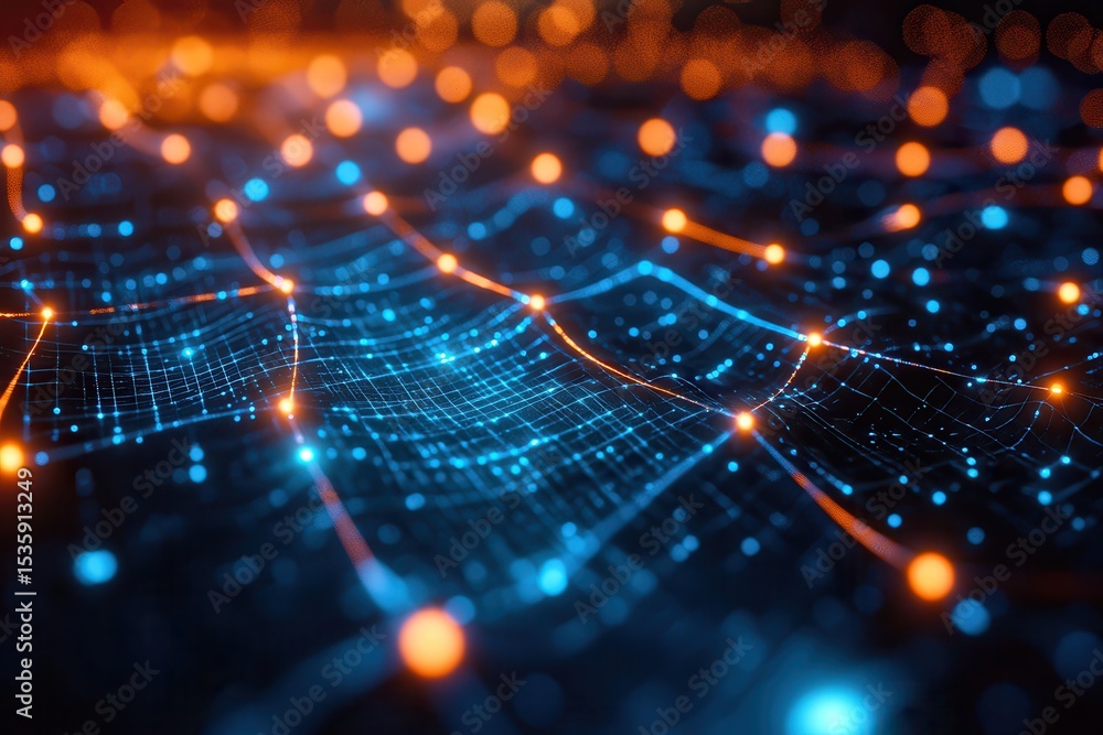 Poster Abstract digital surface with vibrant blue and orange lighting depicting modern technology and data, suggestive of futuristic connection and networking