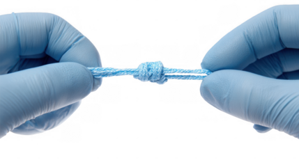 Two hands in blue nitrile gloves tying a knot with light blue string on a transparent background, ideal for concepts in medicine and sterile procedures