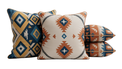 Bohemian style throw pillows with geometric ethnic patterns home on transparent background