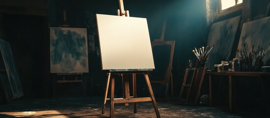 Empty canvas on easel in dark artist's studio