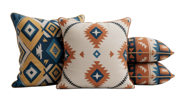 Bohemian style throw pillows with geometric ethnic patterns home on transparent background