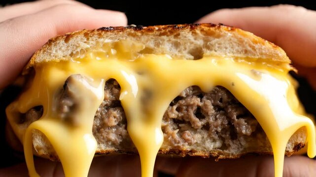 Juicy cheeseburger with melting cheese closeup in slow motion