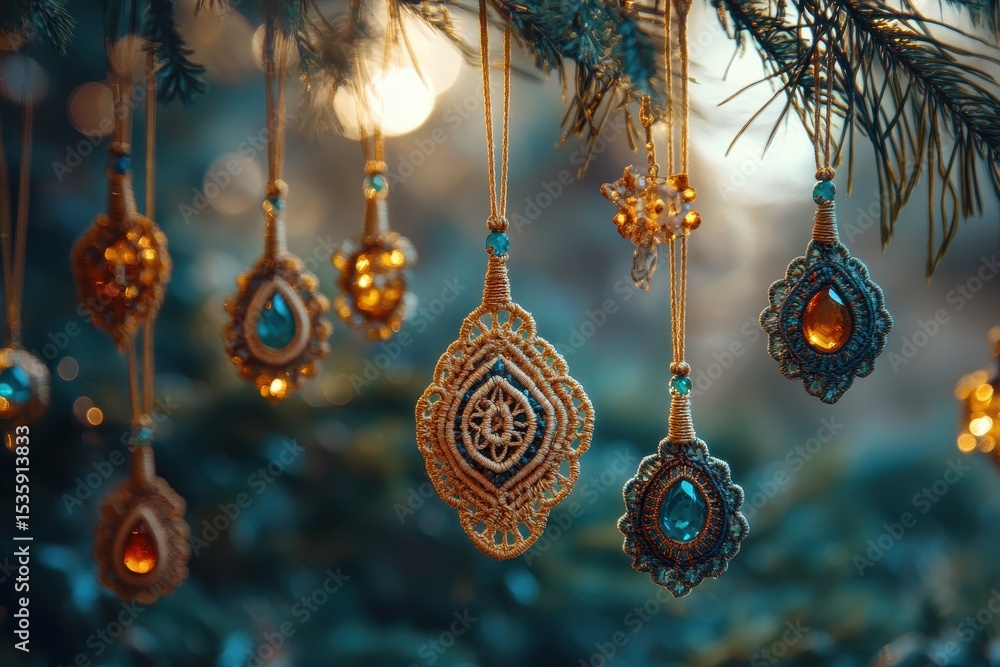Poster festive christmas decorations hanging from a fir tree with two macrame ornaments and bokeh lights cr