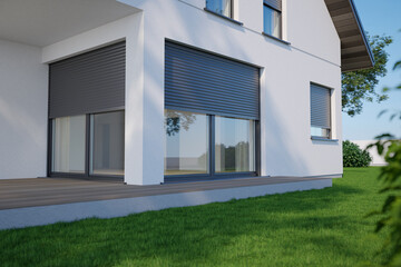 Window roller - modern house with terrace, 3D illustration