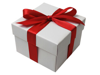 Elegant white gift box with a beautiful red ribbon bow wrap on transparent background